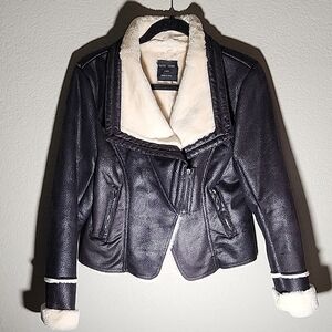 Love Tree Jacket Womens Size L Faux Leather Faux Fur Black Cream Moto